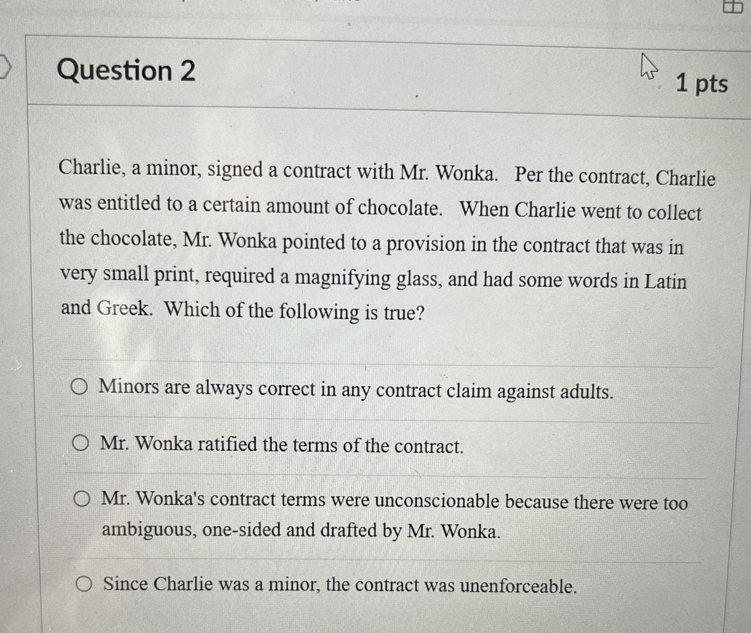  Question 2 1 pts Charlie, a minor, signed a contract with