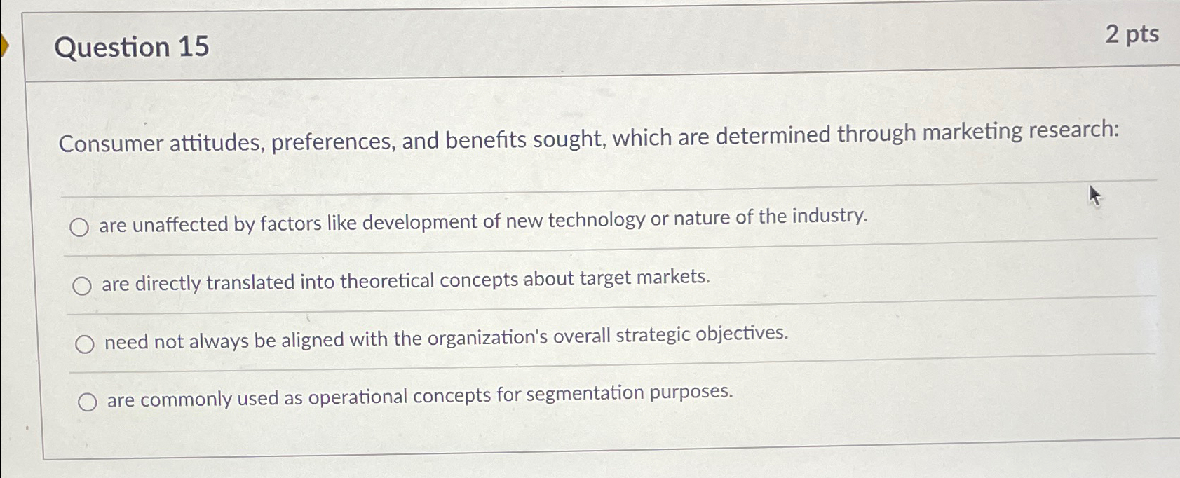  Question 15 2pts Consumer attitudes, preferences, and benefits sought, which are
