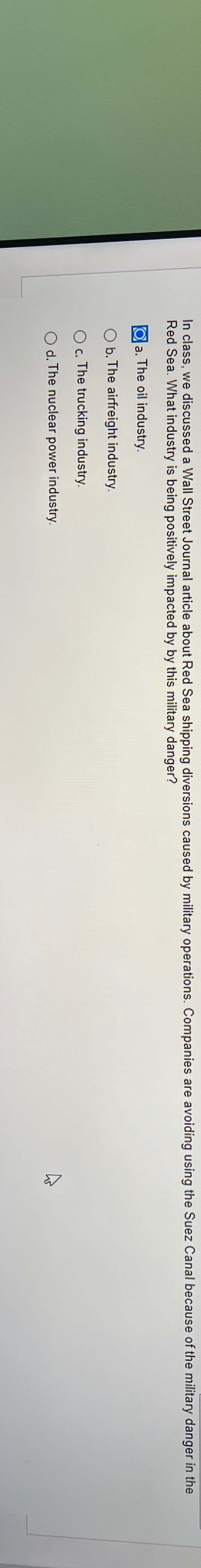  In class, we discussed a Wall Street Journal article about Red