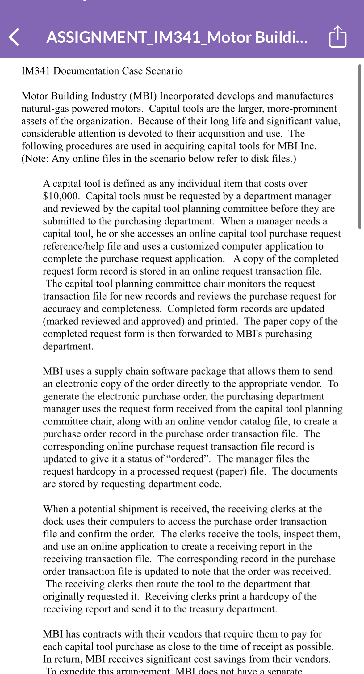  ASSIGNMENT_IM341_Motor Buildi... IM341 Documentation Case Scenario Motor Building Industry (MBI) Incorporated