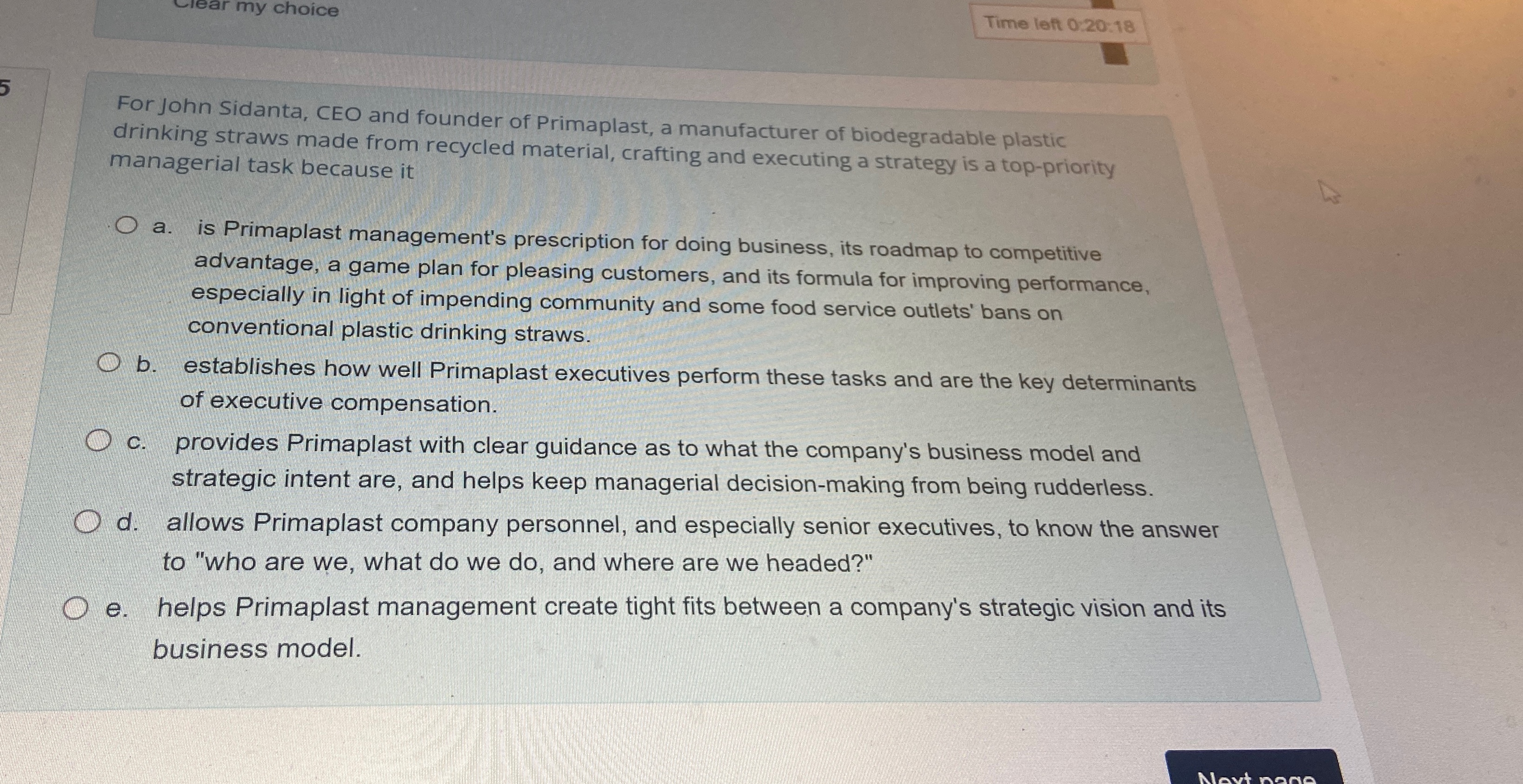  Clear my choice Time left 0:20:18 For John Sidanta, CEO and