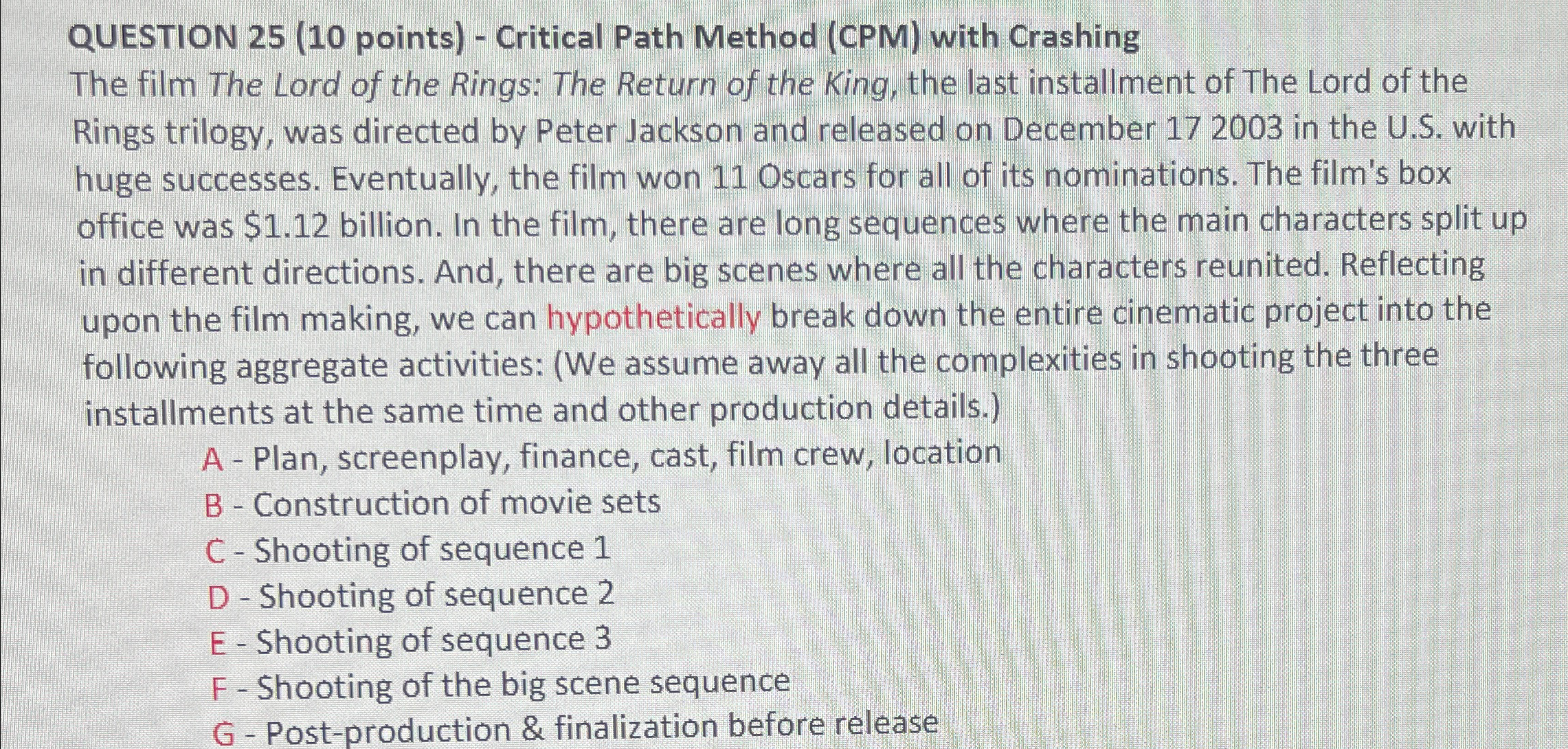  QUESTION 25(10 points)- Critical Path Method (CPM) with Crashing The film