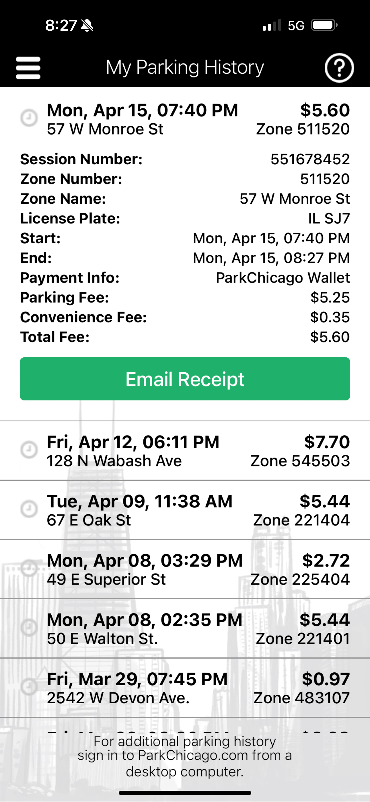  My Parking History \table[[Mon, Apr 15,07:40 PM,$5.60 