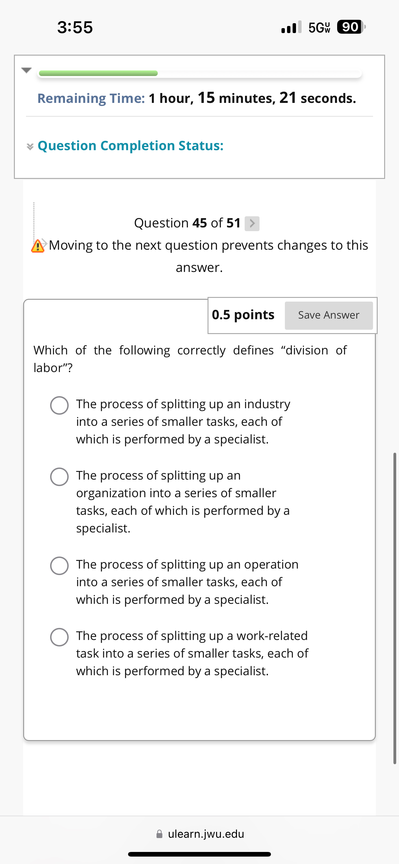  3:55 5Gwu 90 Remaining Time: 1 hour, 15 minutes, 21 seconds.