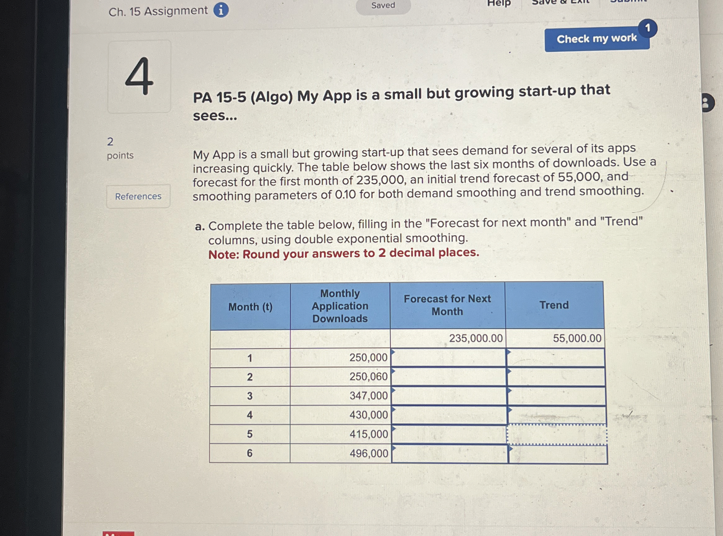  Ch.15 Assignment Saved i Help Check my work 4 2 points
