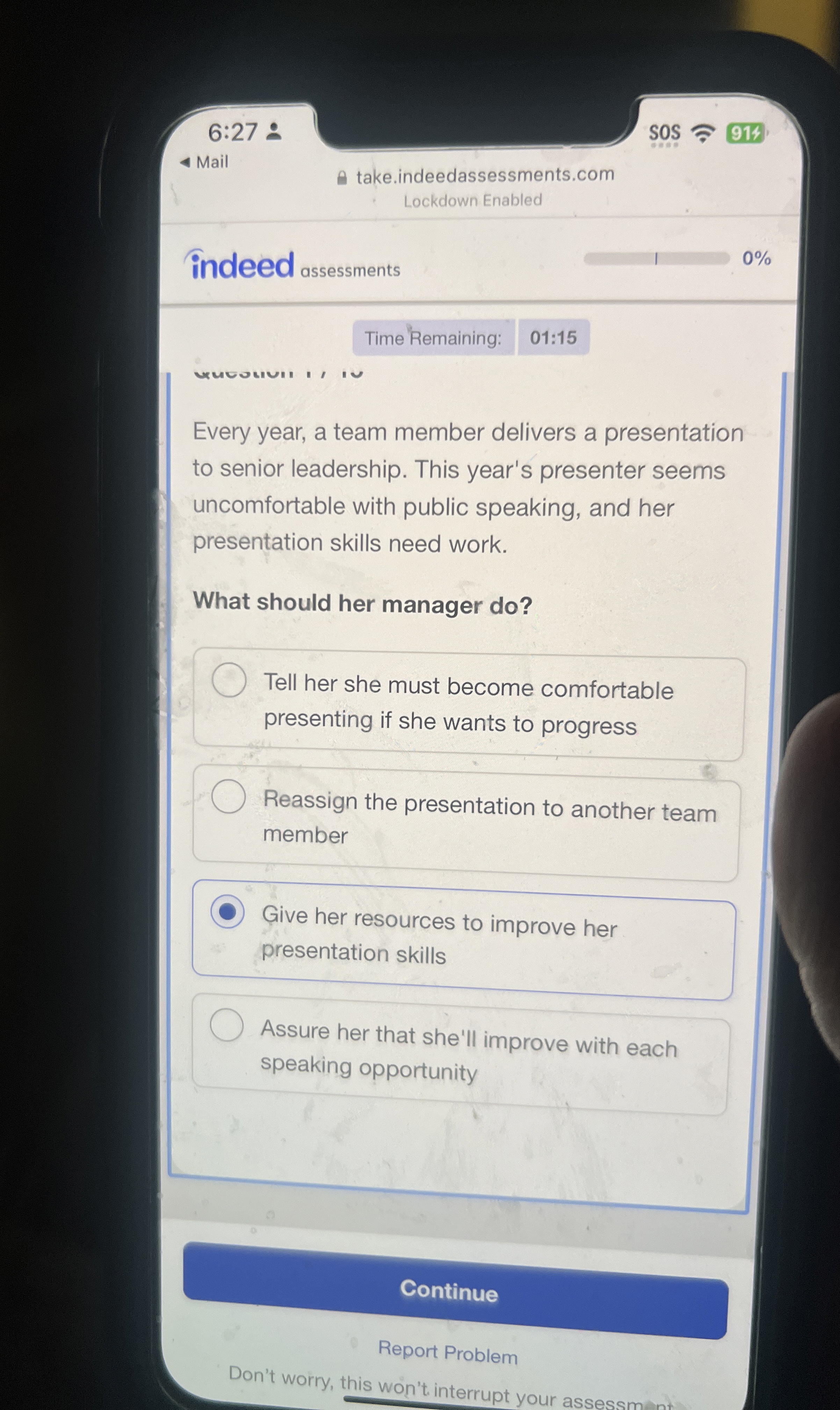  6:27 SOS 914 Mail take.indeedassessments.com Lockdown Enabled indeed assessments 0% 01:15
