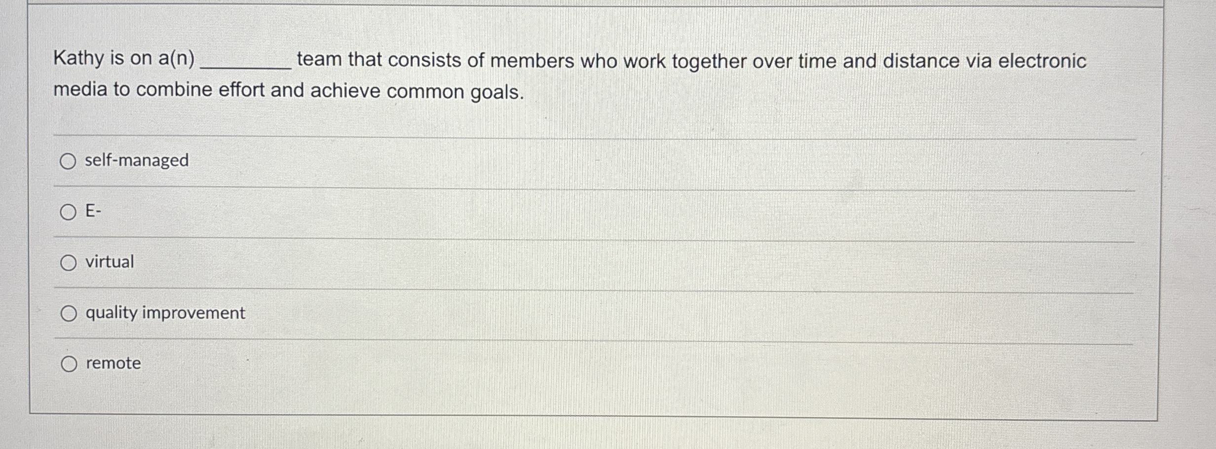  Kathy is on a(n) team that consists of members who work