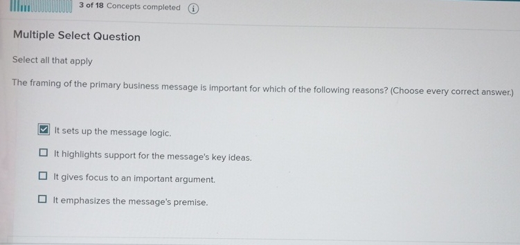  3 of 18 Concepts completed Multiple Select Question Select all that