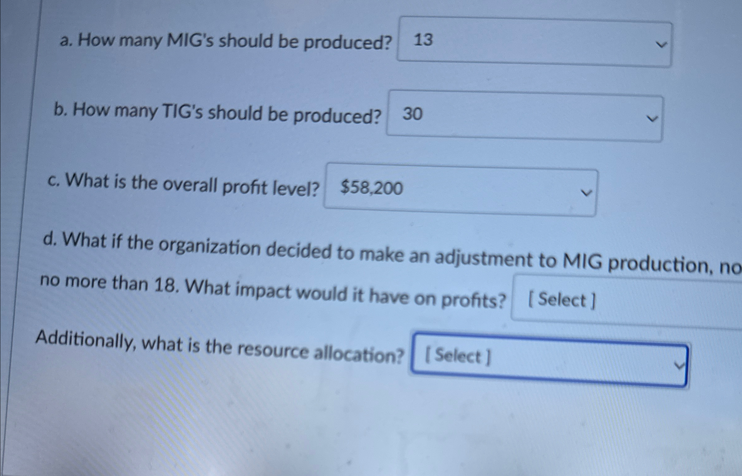  a. How many MIG's should be produced: b. How many TIG's