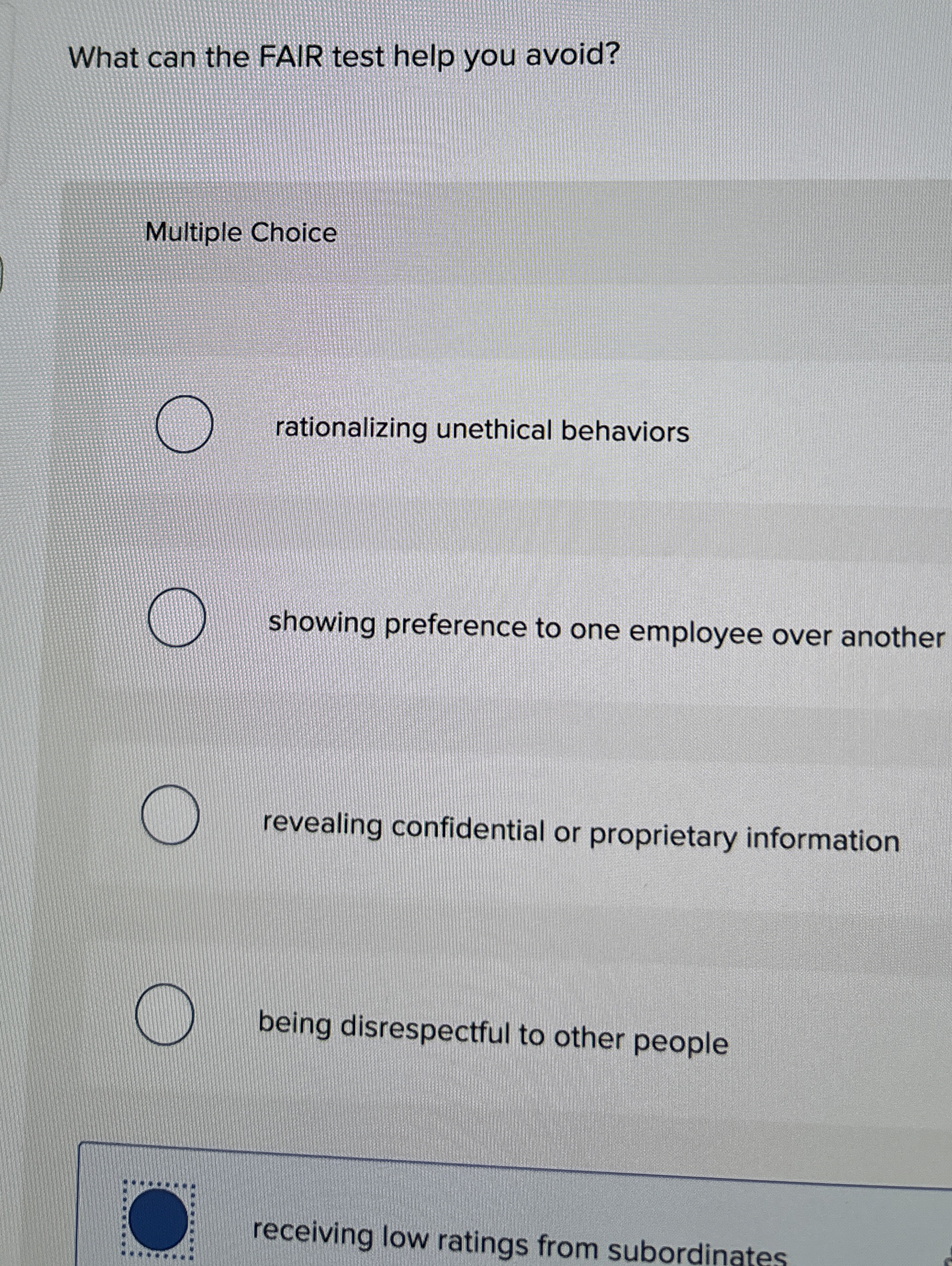  What can the FAIR test help you avoid? Multiple Choice rationalizing