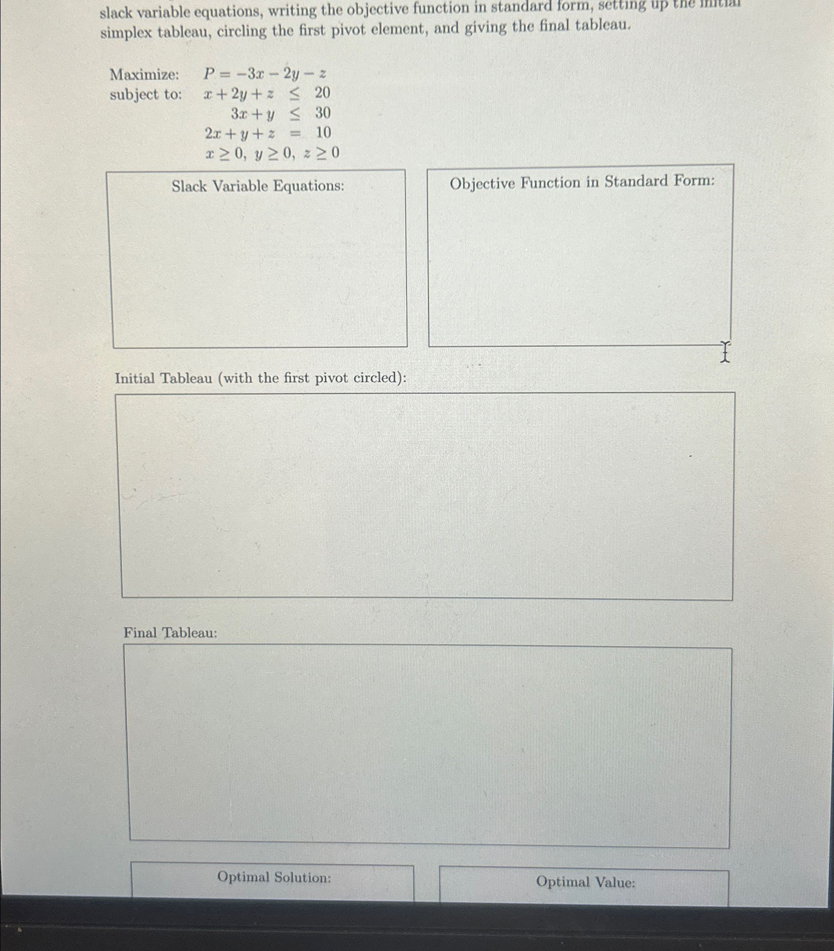  slack variable equations, writing the objective function in standard form, setting