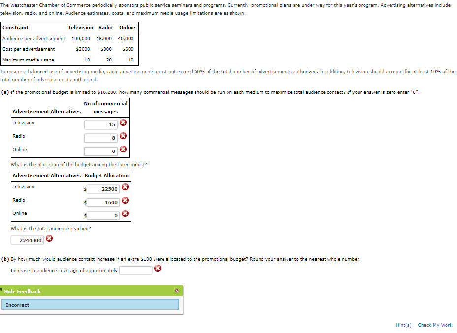  SOLVE USING EXCEL SOLVER AND SHOW WORK. The Westchester Chamber of