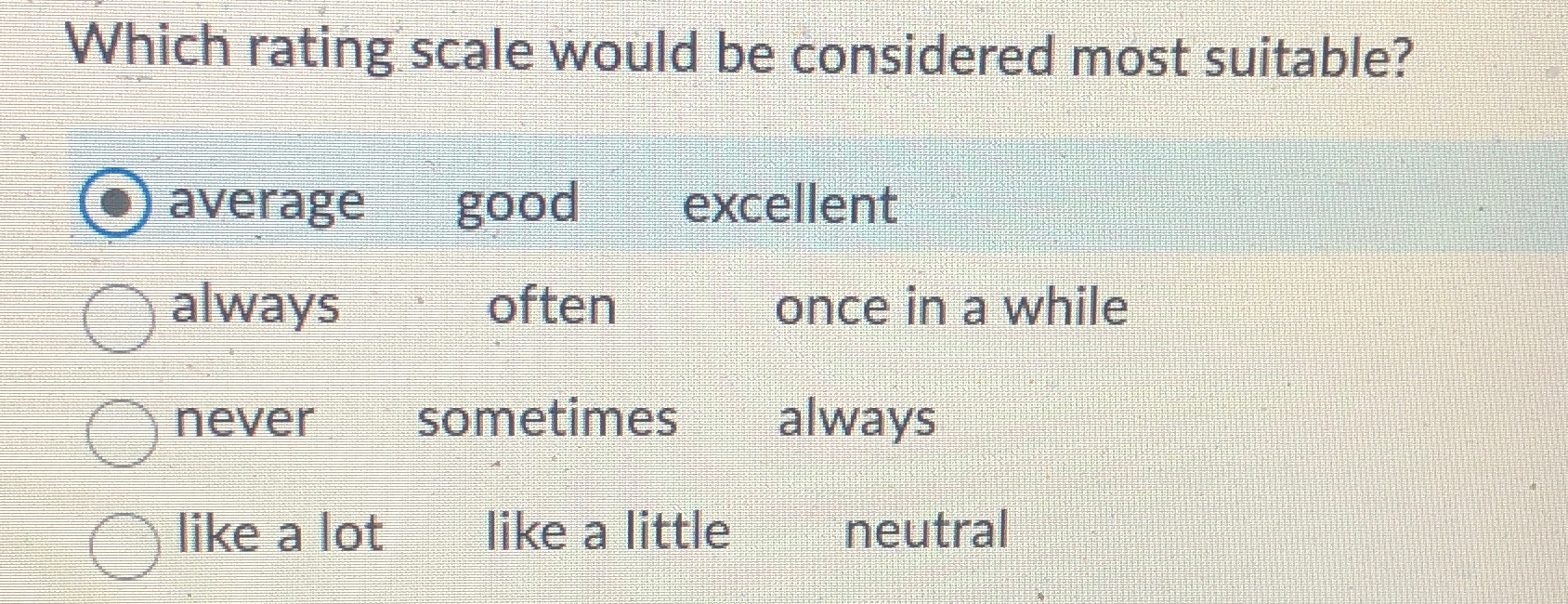  Which rating scale would be considered most suitable? average good excellent
