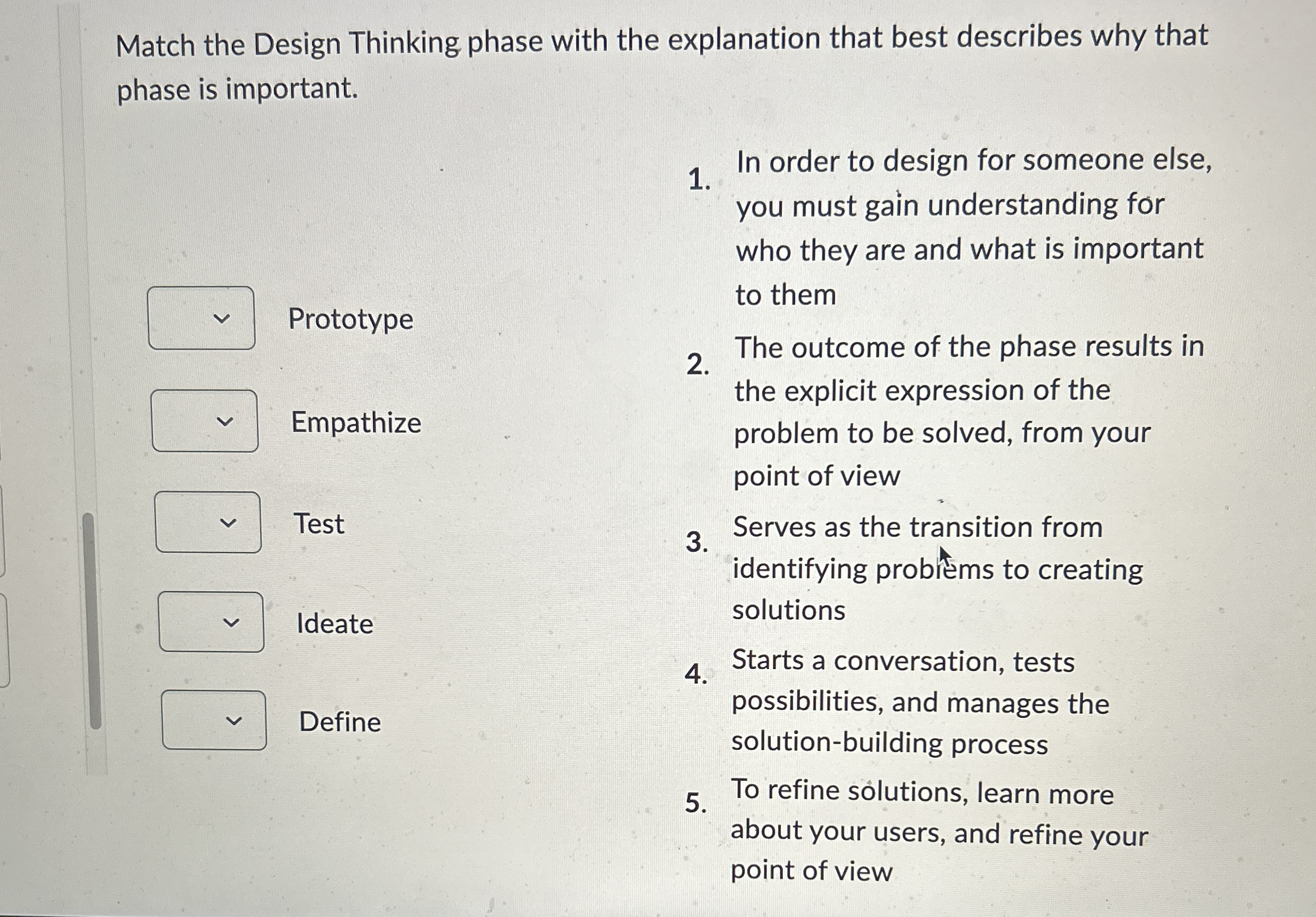  Match the Design Thinking phase with the explanation that best describes