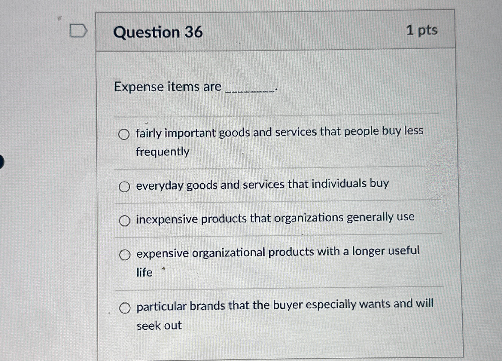  Question 36 1pts Expense items are q, q, fairly important goods