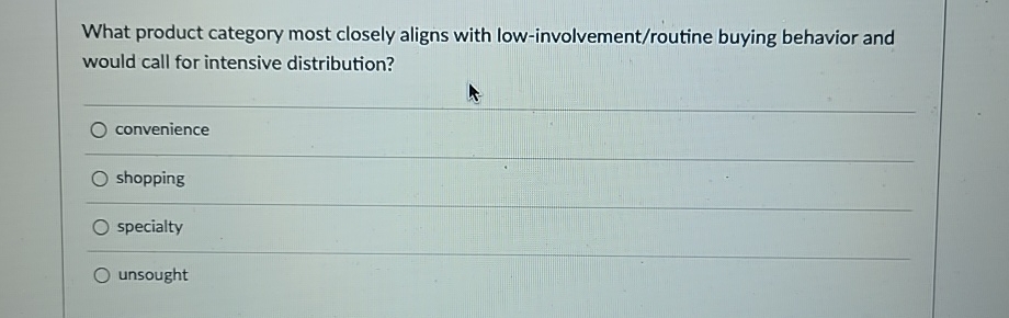  What product category most closely aligns with low-involvement/routine buying behavior and