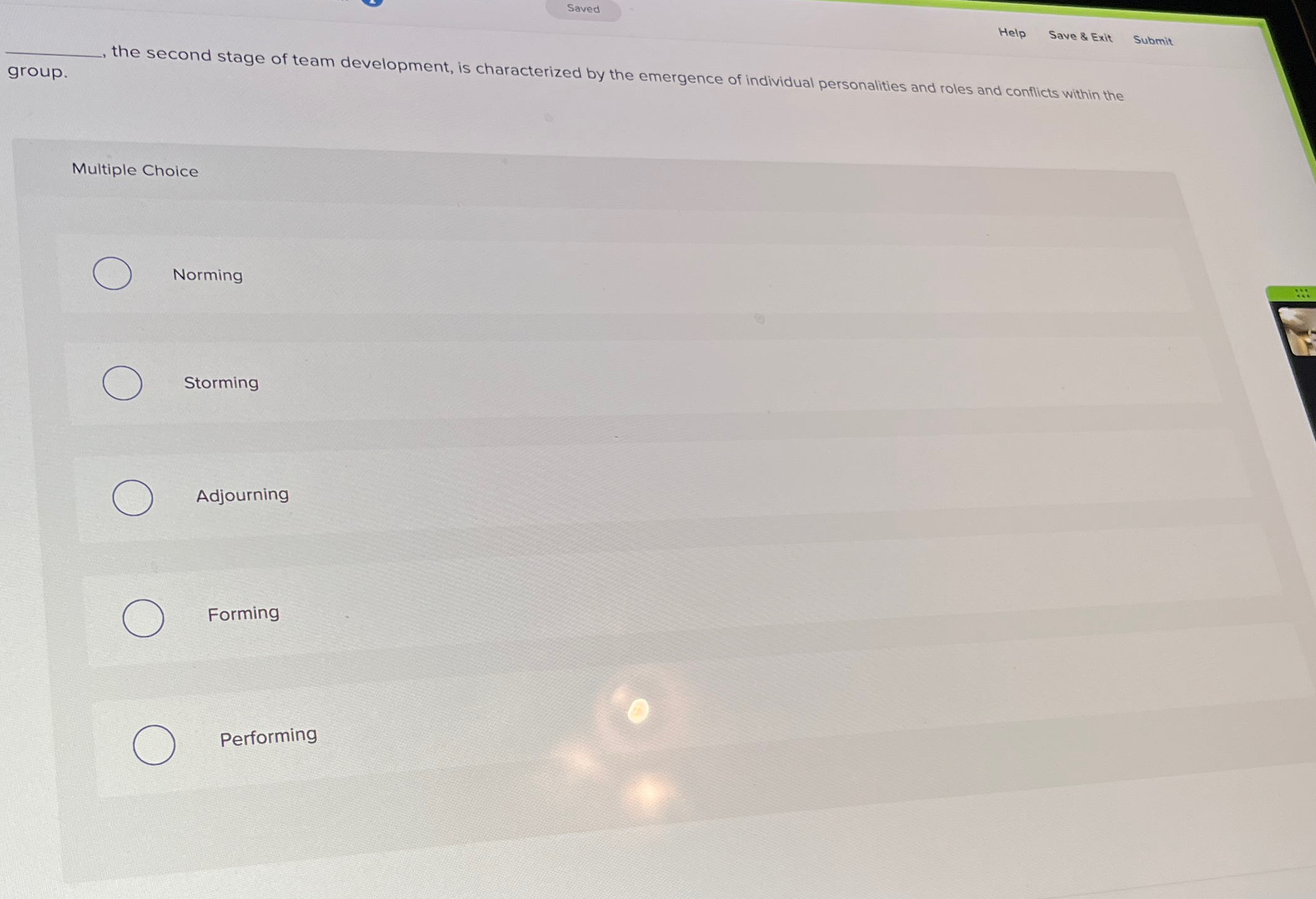  Saved Help Save & Exit Submit group. the second stage of