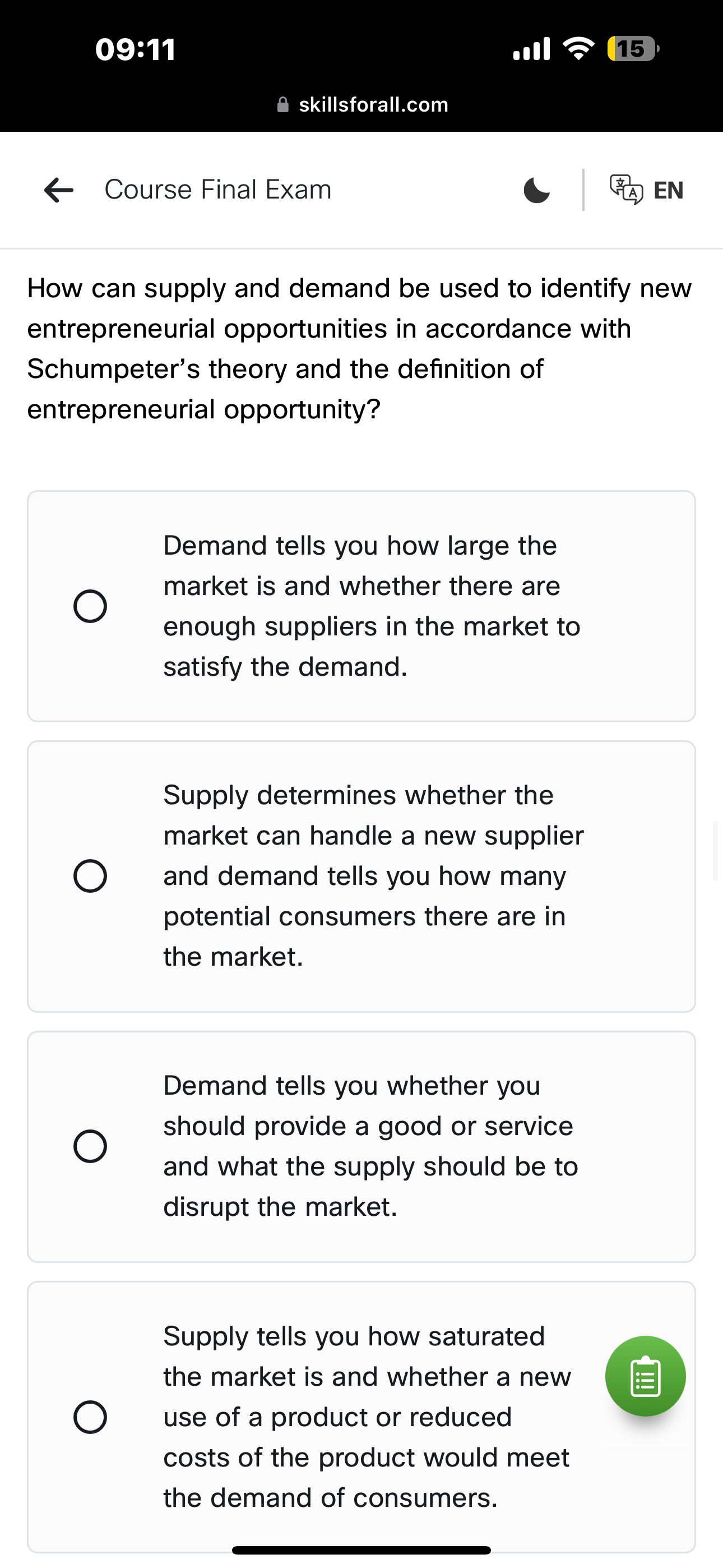  09:11 15 skillsforall.com Course Final Exam How can supply and demand