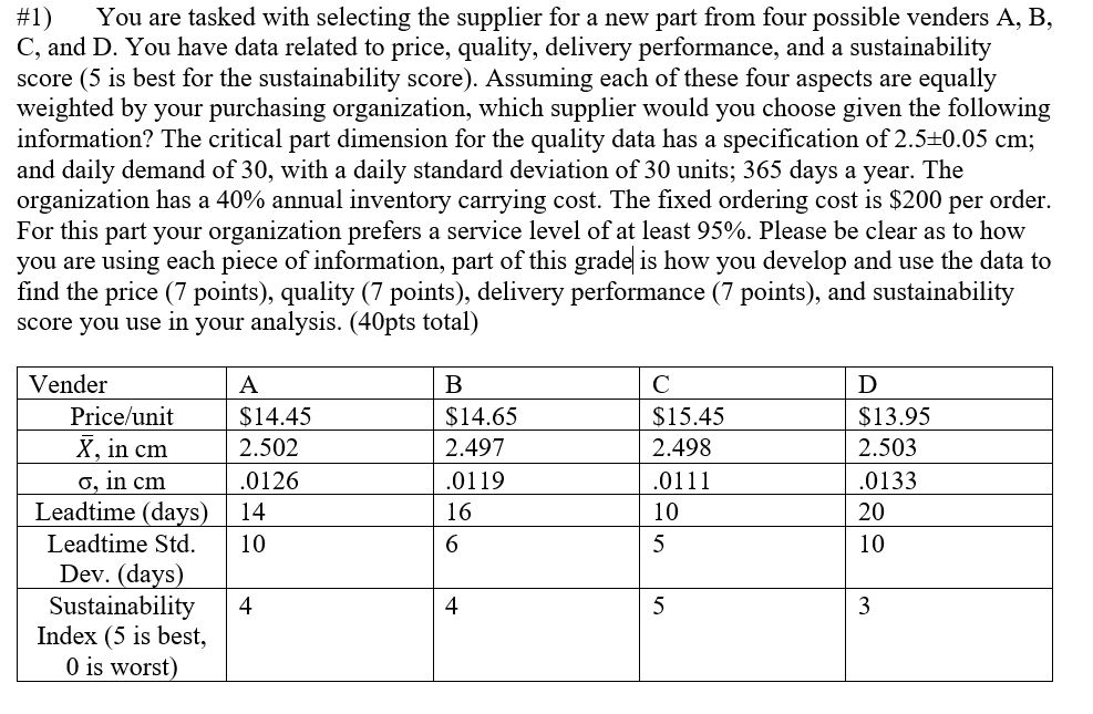  #1) You are tasked with selecting the supplier for a new