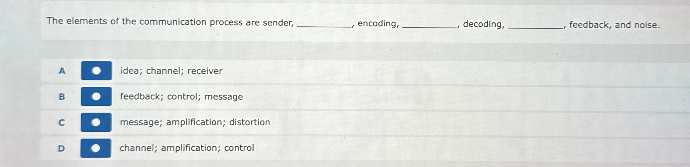  The elements of the communication process are sender, encoding, decoding, feedback,