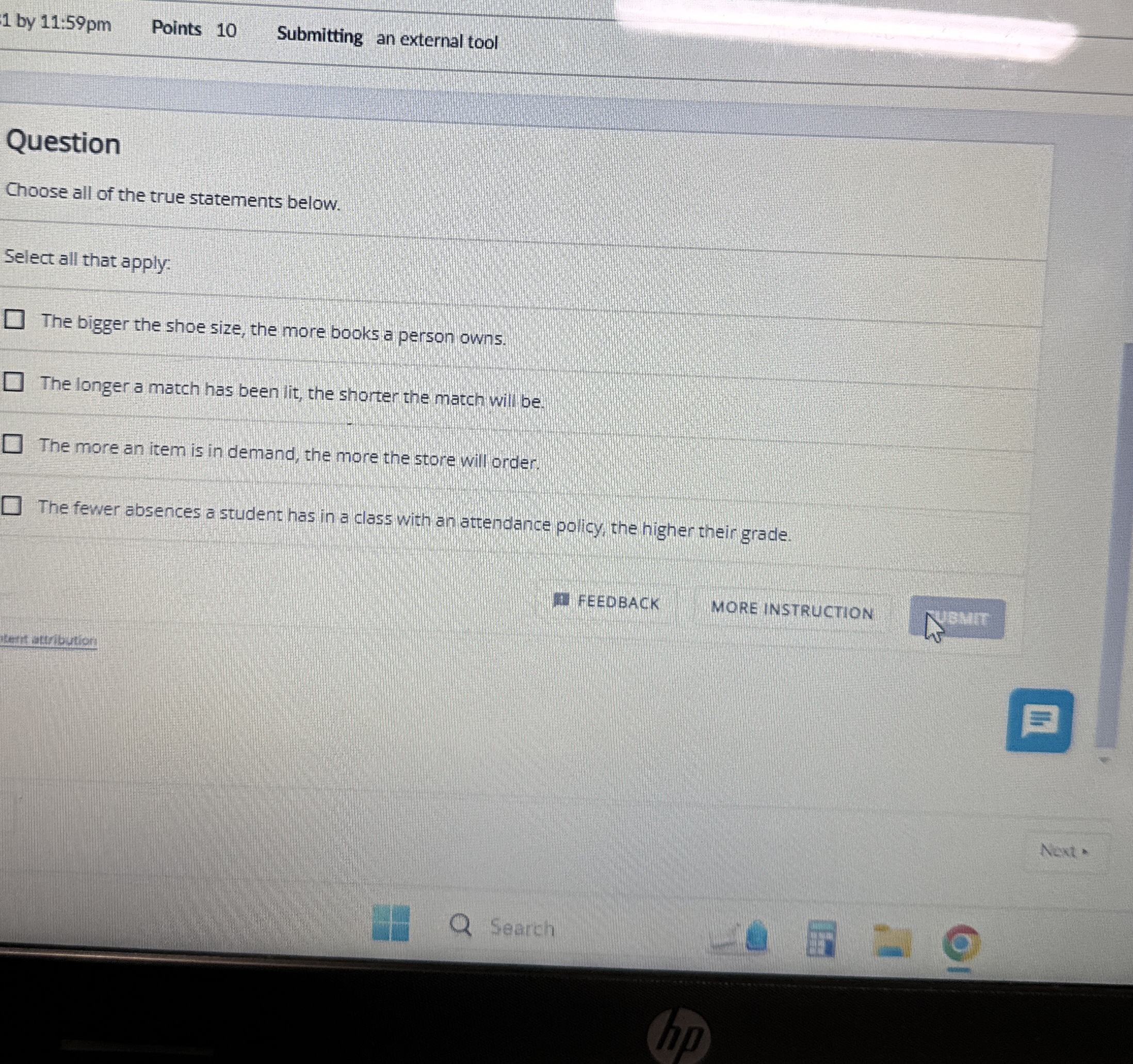  1 by 11:59 pm Points 10 Submitting an external tool Question