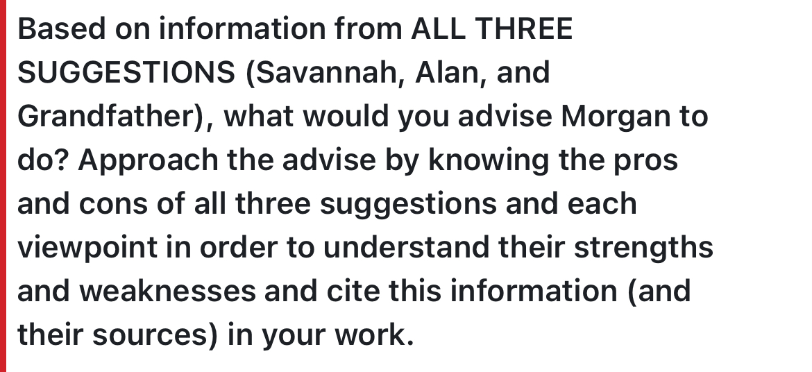  Based on information from ALL THREE SUGGESTIONS (Savannah, Alan, and Grandfather),