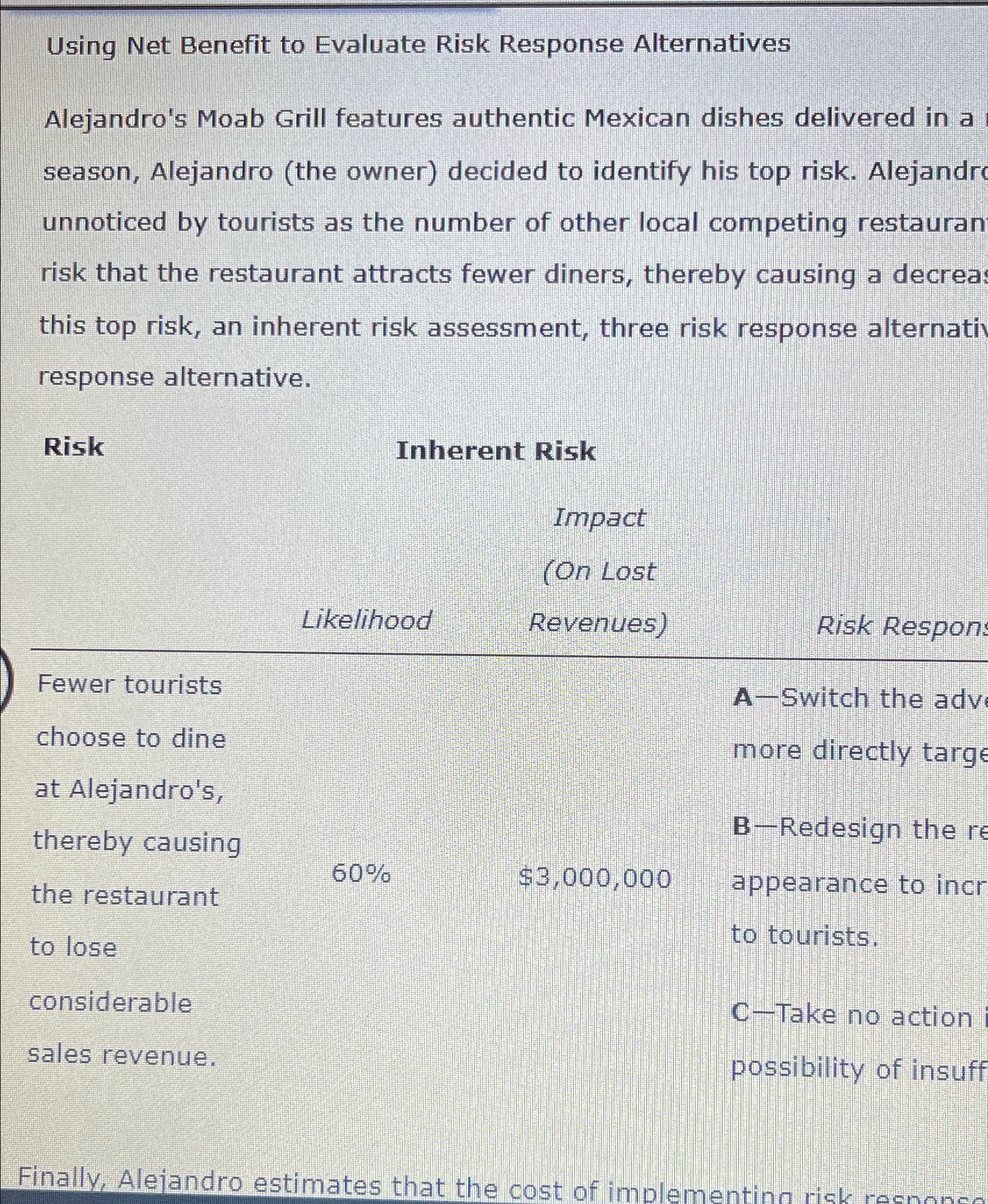 Using Net Benefit to Evaluate Risk Response Alternatives Alejandro's Moab Grill
