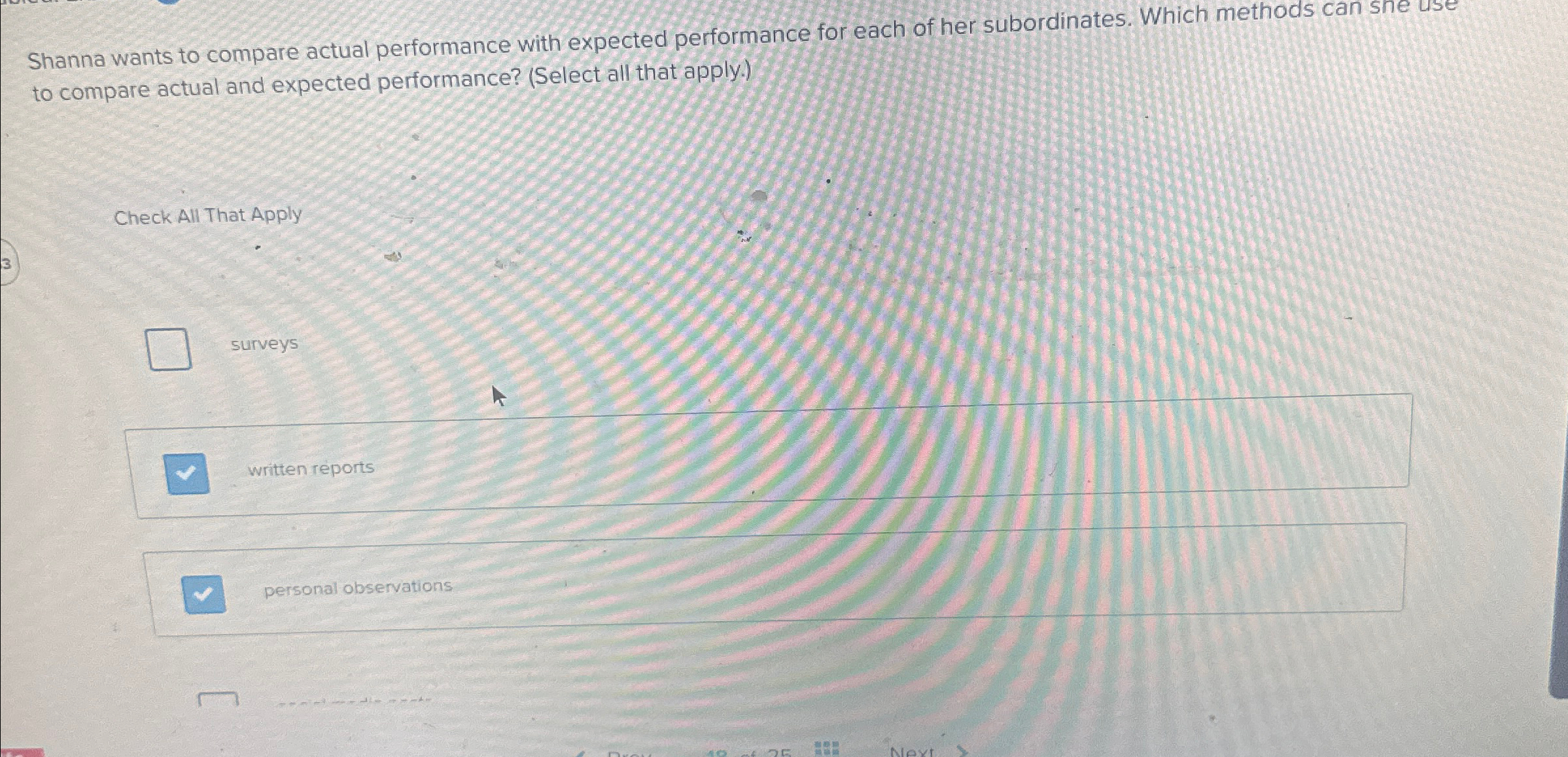 Shanna wants to compare actual performance with expected performance for each