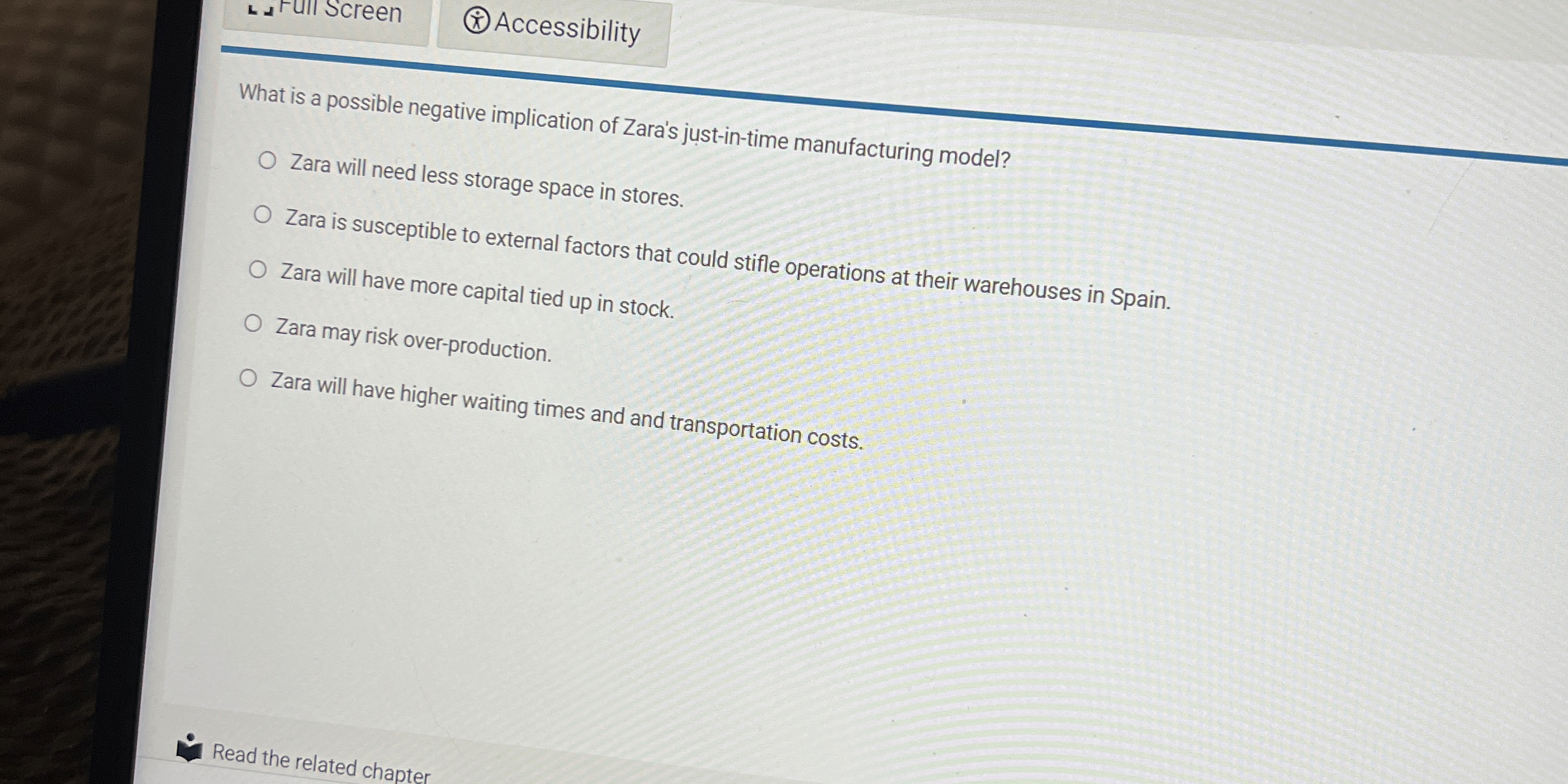  Screen Accessibility What is a possible negative implication of Zara's just-in-time
