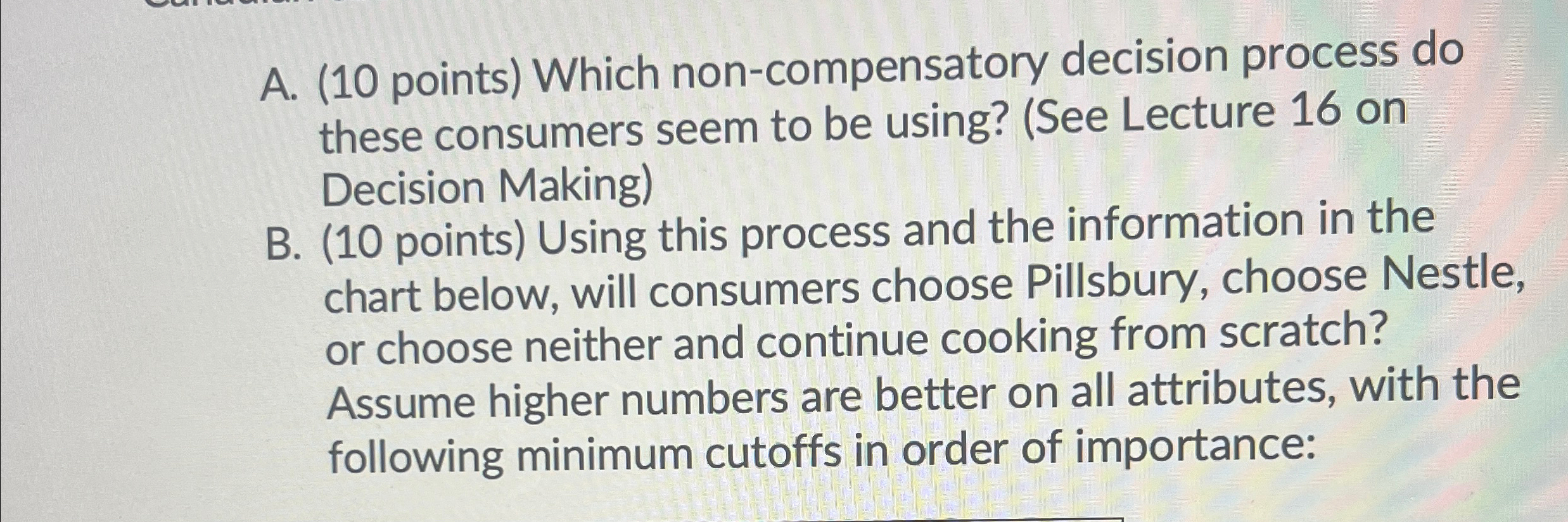  A.(10 points) Which non-compensatory decision process do these consumers seem to