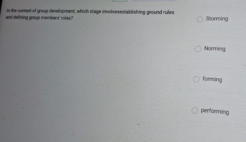  In the context of group development, which stage involvesestablishing ground rules