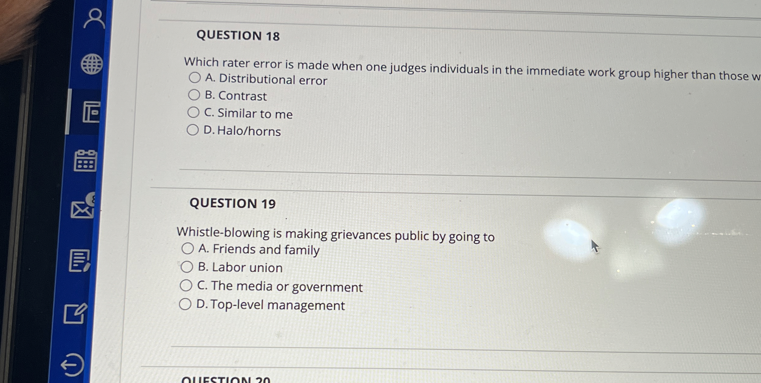  QUESTION 18 Which rater error is made when one judges individuals