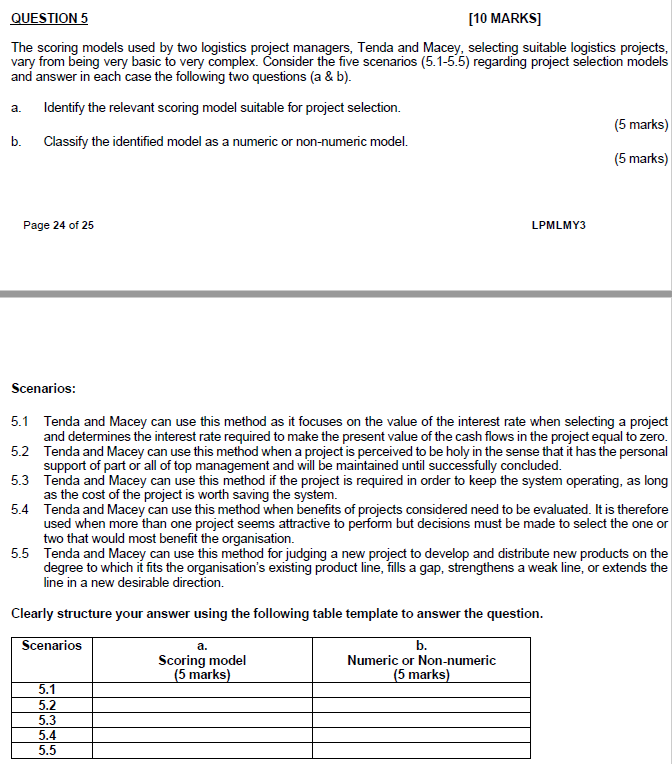  QUESTION 5 [10 MARKS] The scoring models used by two logistics