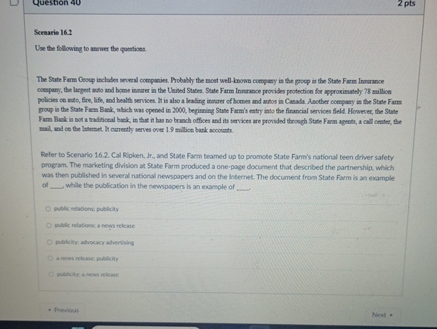  Scenario 16.2 Use the following to answer the questions. The State