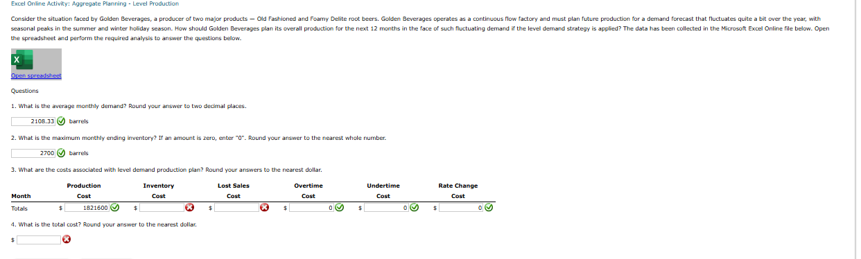  Excel Online Activity: Aggregate Planning - Level Production the spreadsheet and
