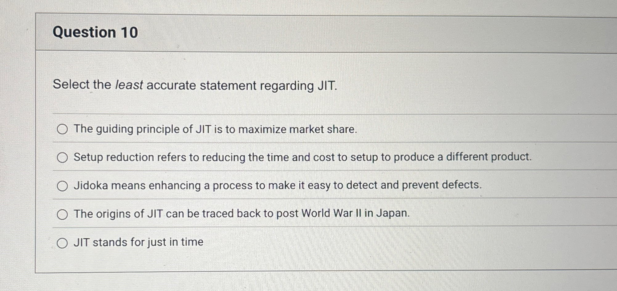  Question 10 Select the least accurate statement regarding JIT. The guiding
