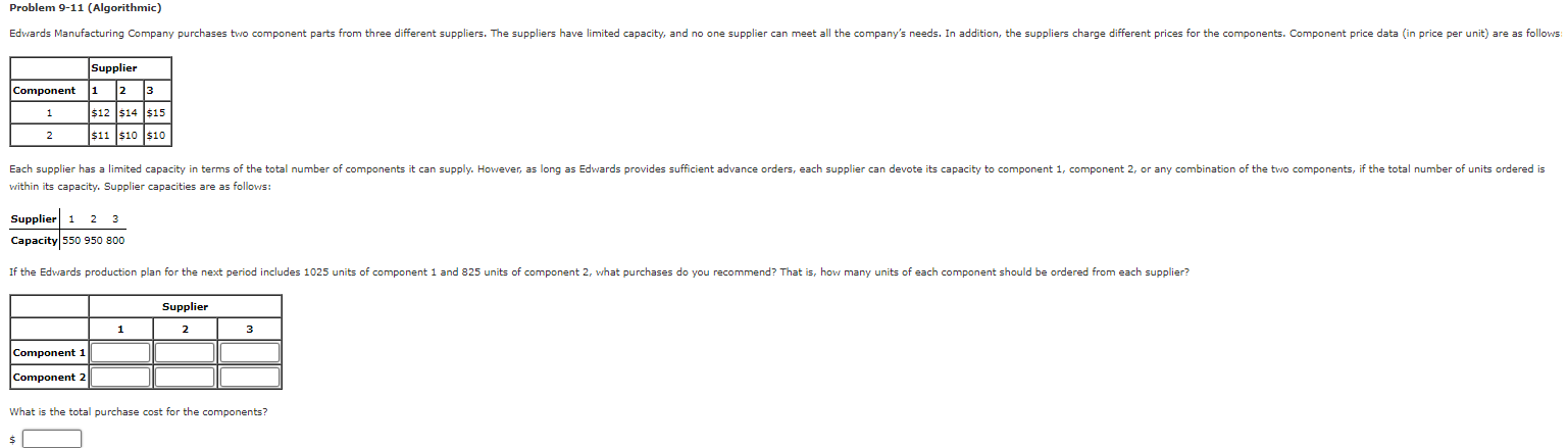  Problem 9-11(Algorithmic) \table[[,Supplier],[Component,1,2,3],[1,$12,$14,$15],[2,$11,$10,$10]] within its capacity. Supplier capacities are as follows: