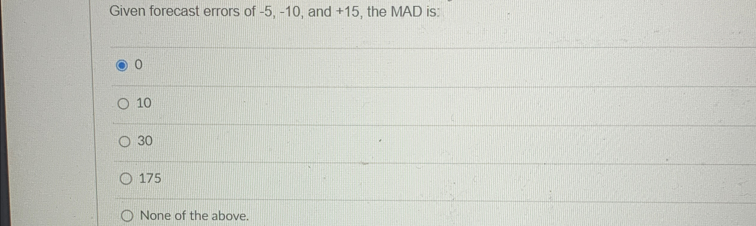  Given forecast errors of -5,-10, and +15, the MAD is: 0