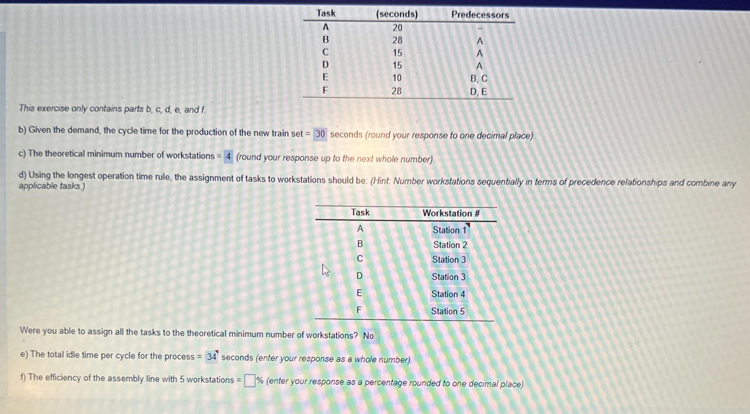  \table[[Task,(seconds),Predecessors],[A,20,-],[B,28,A],[C,15,A],[D,15,A],[E,10,B, C],[F,28,D, E]] This exercise only contains parts b, c, d,