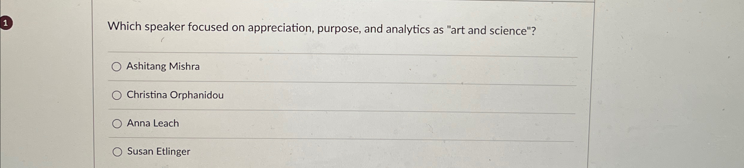  1 Which speaker focused on appreciation, purpose, and analytics as "art