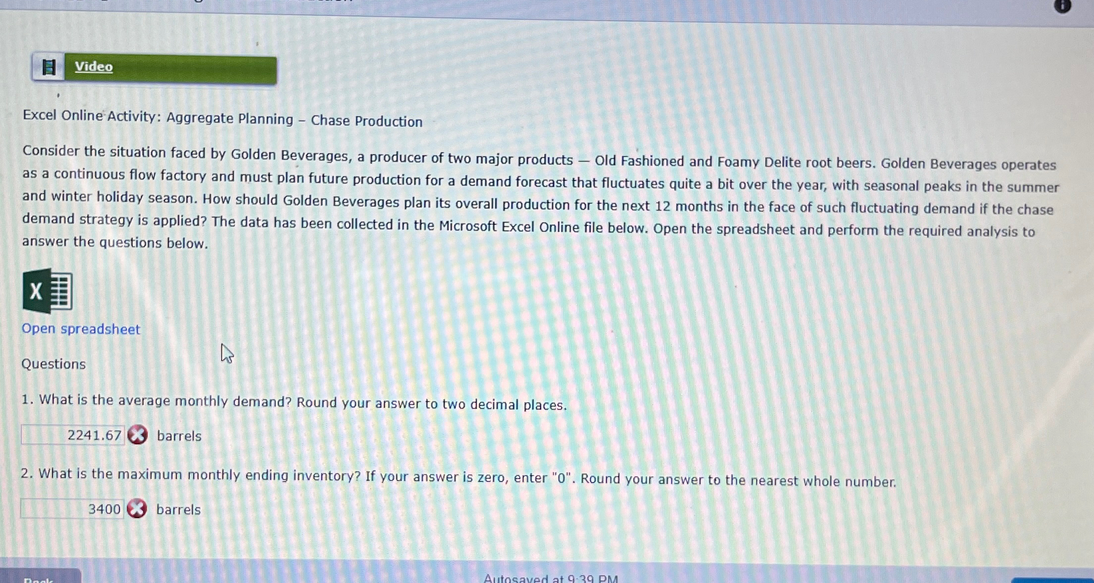  Excel Online Activity: Aggregate Planning - Chase Production Consider the situation