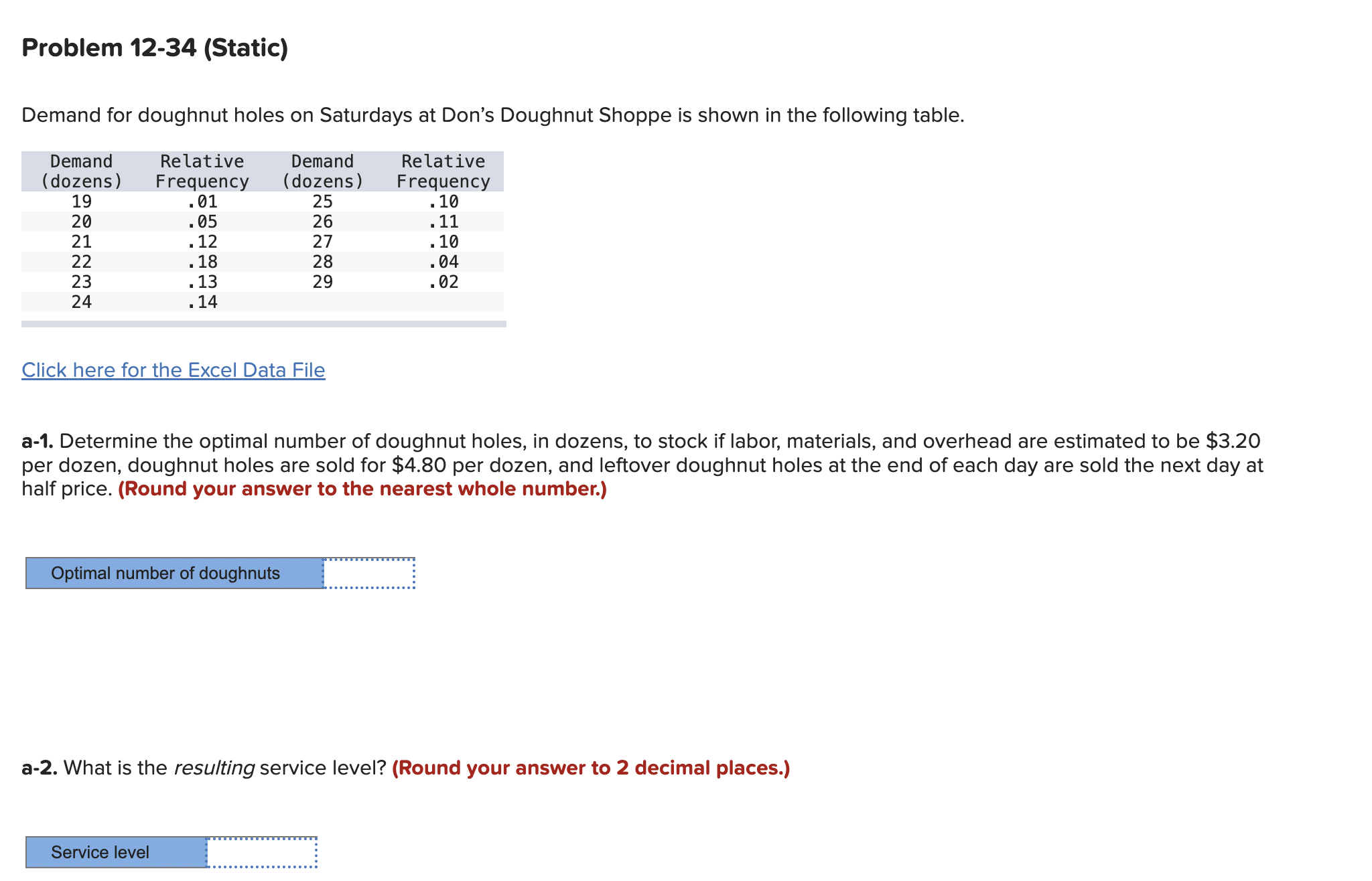  Problem 12-34(Static) Demand for doughnut holes on Saturdays at Don's Doughnut