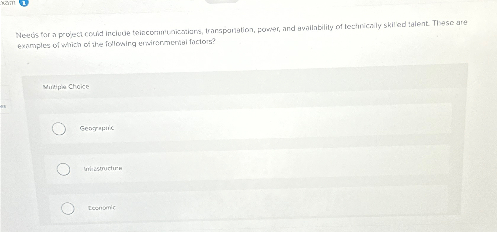  xam1 Needs for a project could include telecommunications, transportation, power, and