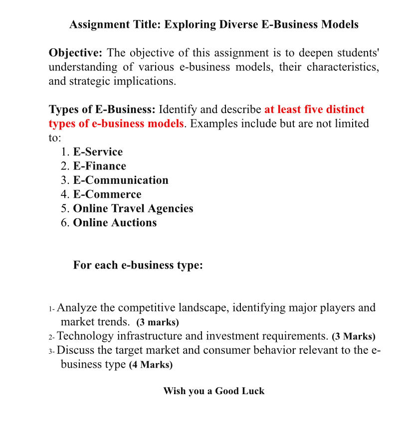  Assignment Title: Exploring Diverse E-Business Models Objective: The objective of this