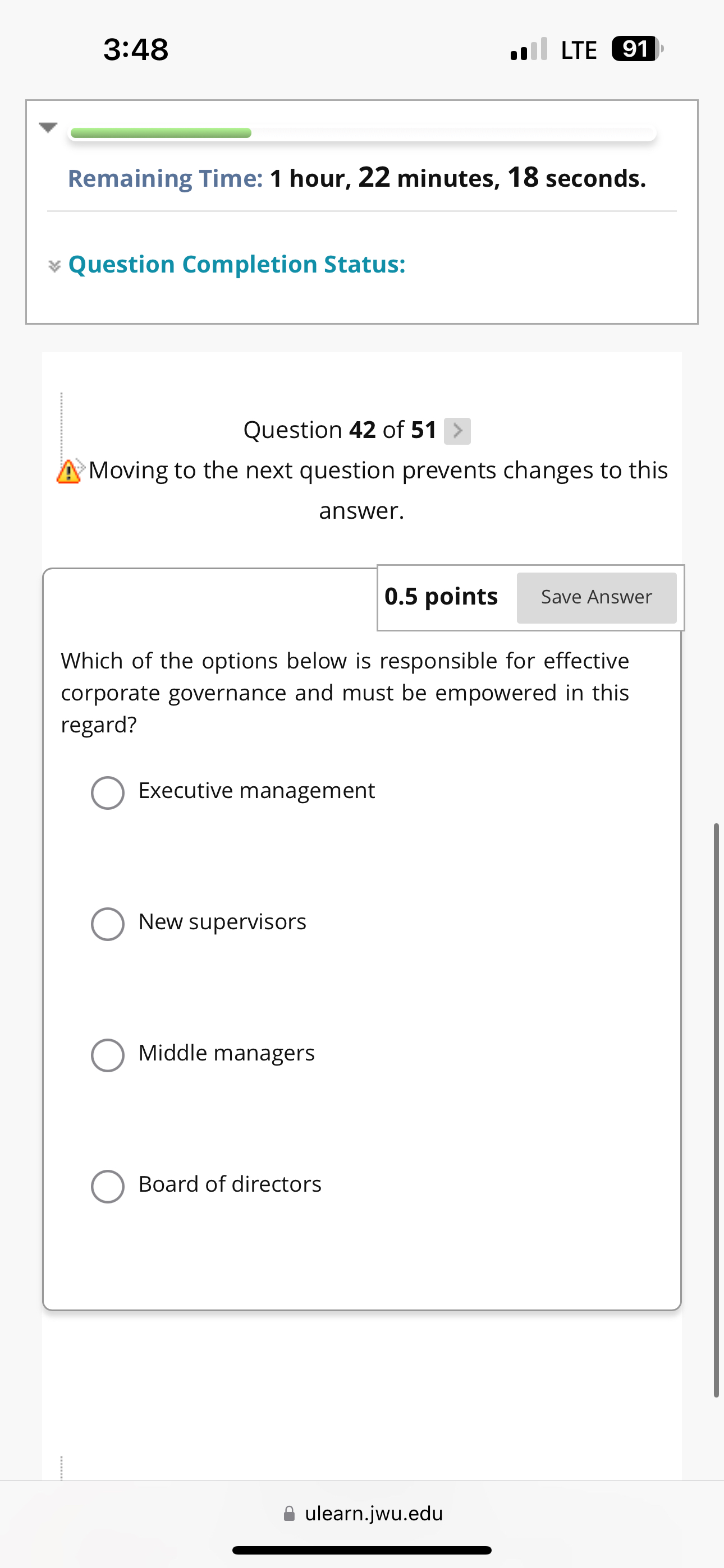  3:48 LTE 91 Remaining Time: 1 hour, 22 minutes, 18 seconds.