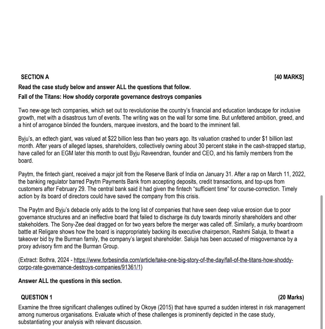  SECTION A [40 MARKS] Read the case study below and answer