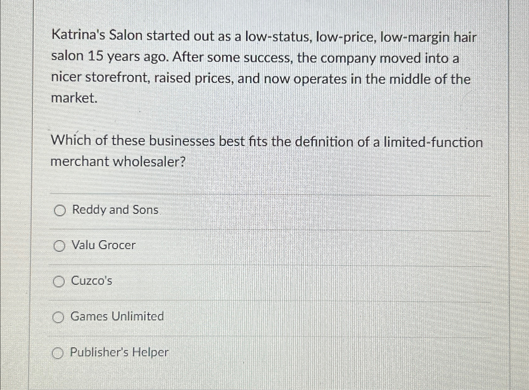  Katrina's Salon started out as a low-status, low-price, low-margin hair salon