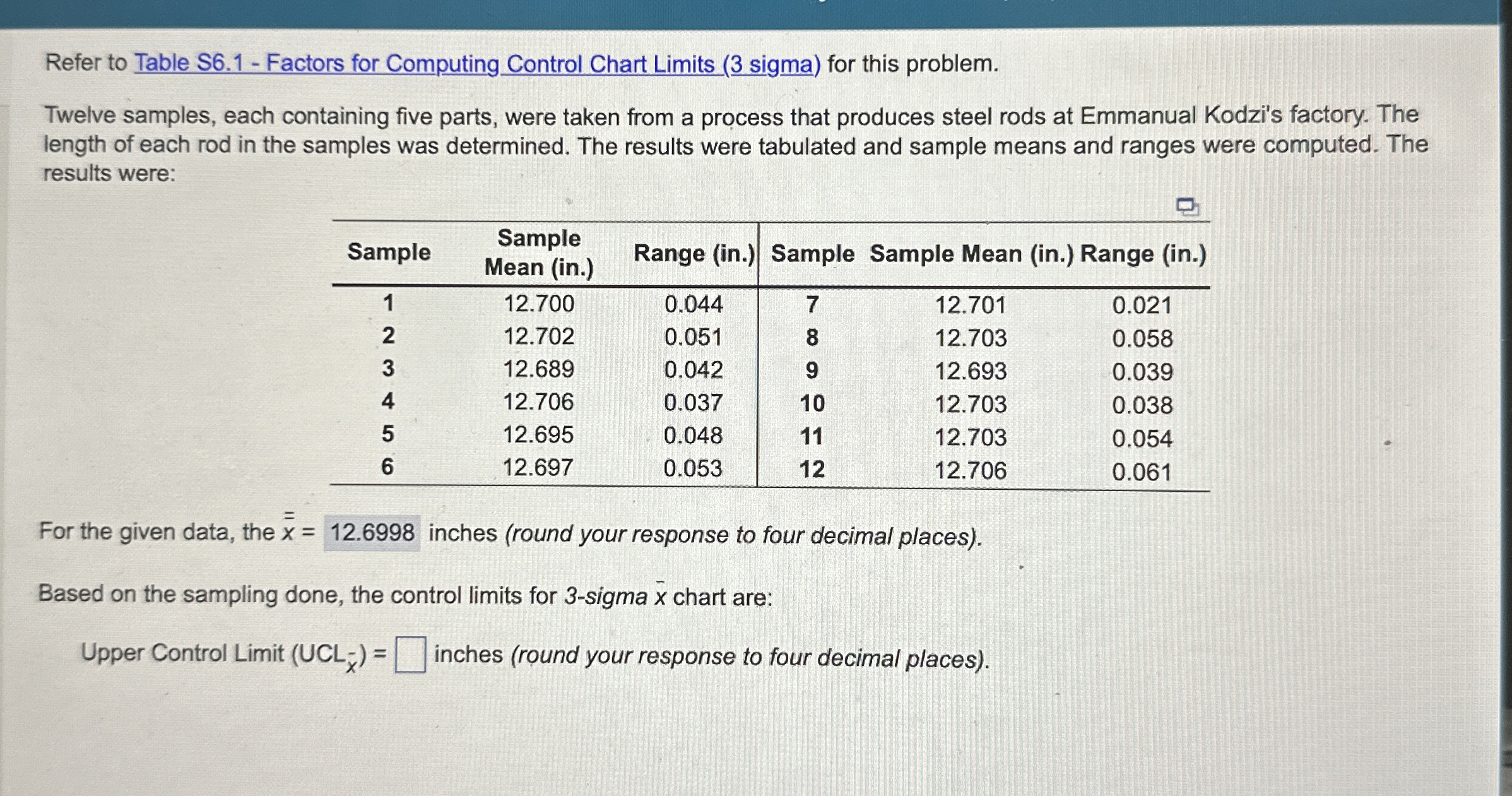  Refer to Table S6.1- Factors for Computing Control Chart Limits (3