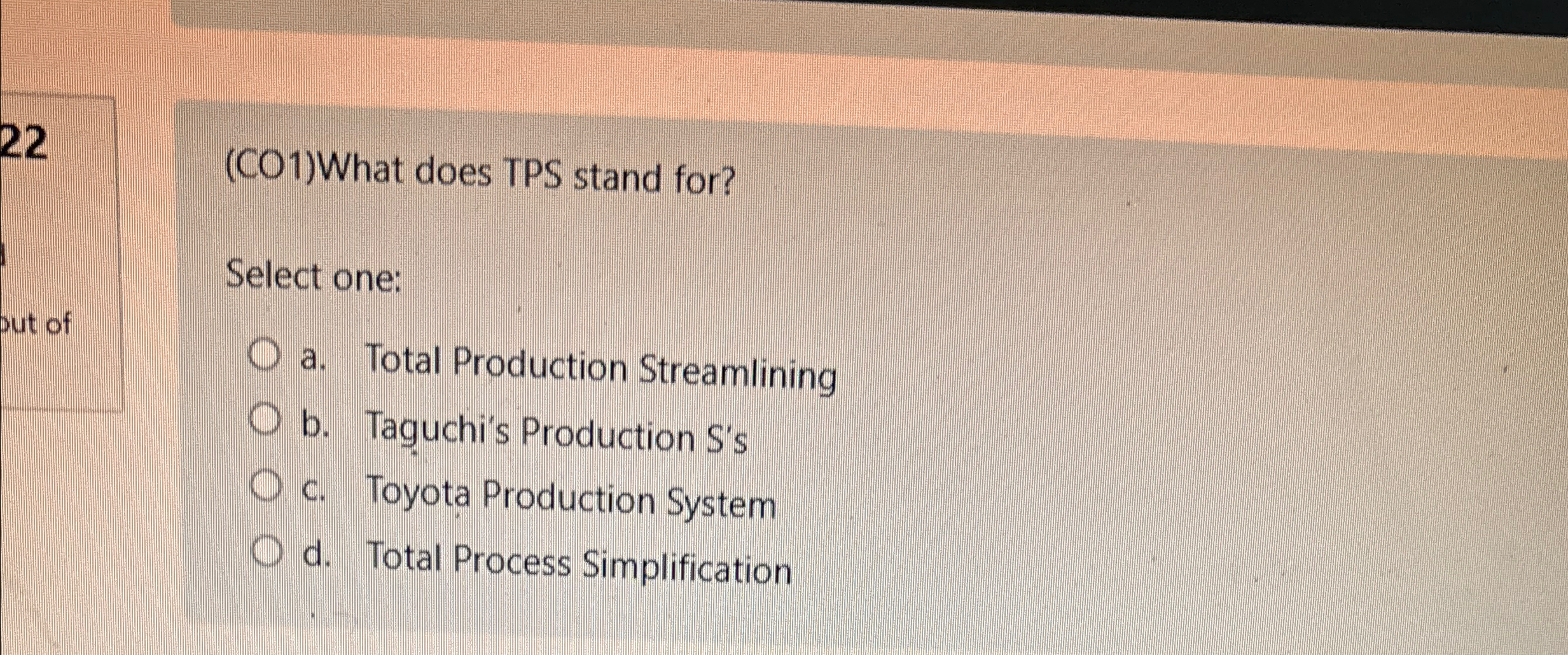  22 (CO1)What does TPS stand for? Select one: a. Total Production