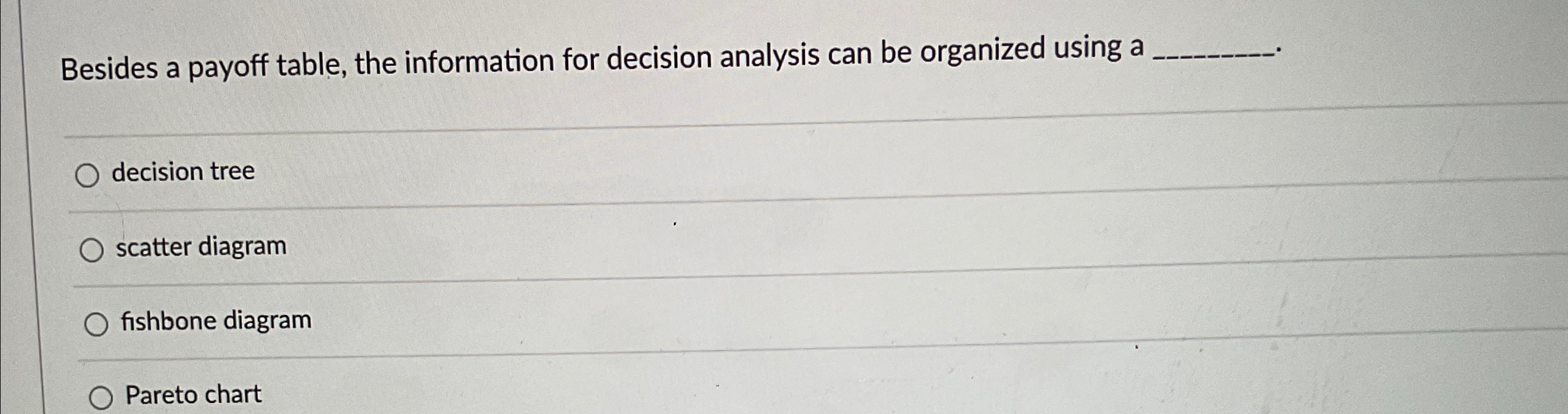  Besides a payoff table, the information for decision analysis can be
